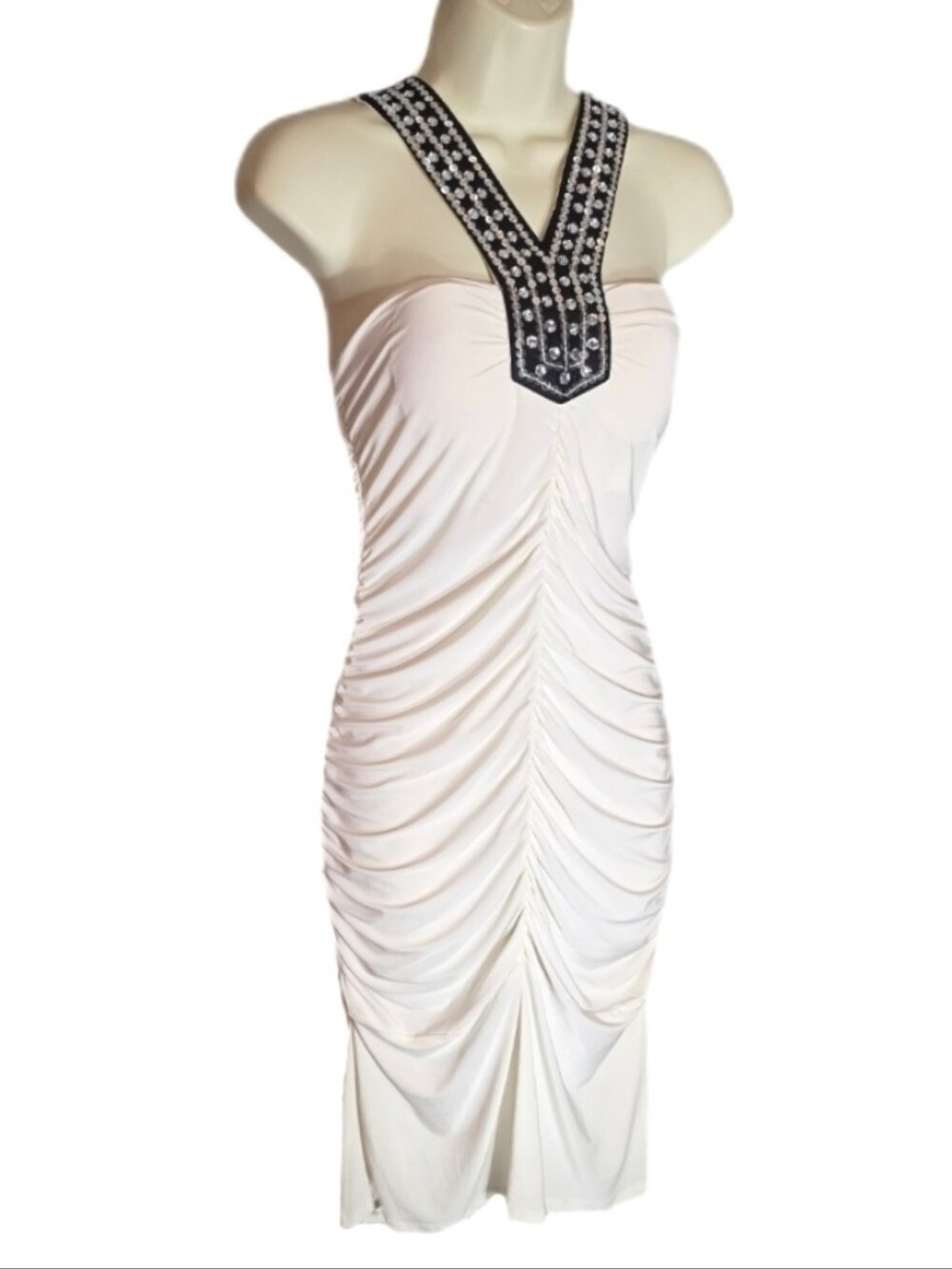 Savannah Studio Dress Sequined Ruched Cream Size L - Picture 5 of 13